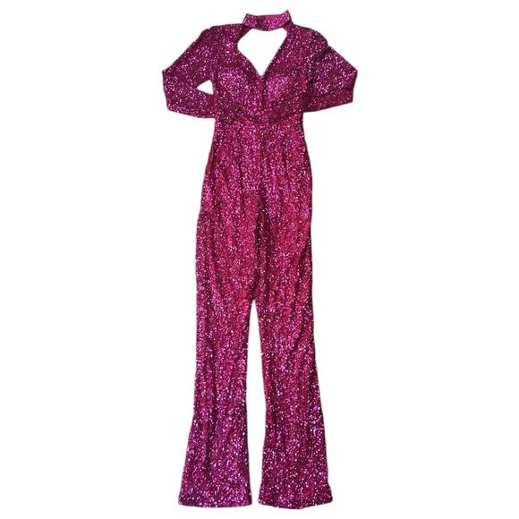 NWT Ashley Lauren V-Neck Open Back Choker Long Sleeve Sequin Fuchsia Jumpsuit 4 - Picture 1 of 8